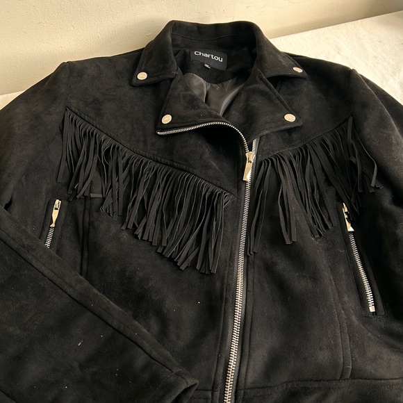 Chartou Faux Suede Fringe Cropped Moto Jacket - Picture 7 of 15